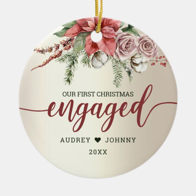 First Year Engaged Red Poinsettia Floral Christmas Ceramic Ornament (Front)