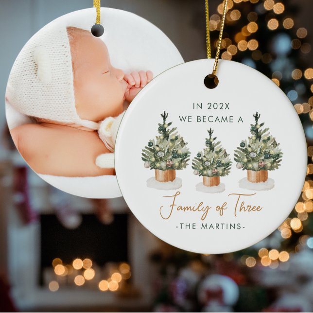 First Year Family of Three Christmas Trees Photo Ceramic Ornament (Creator Uploaded)