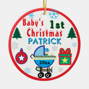 Firtsr Christmas PHOTO Boy Blue Name Ceramic Ornament
