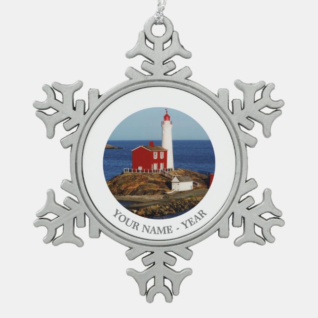 Fisgard Lighthouse Snowflake Pewter Christmas Ornament (Front)