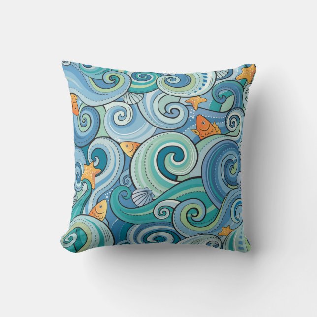 Fish Among The Waves Pattern Cushion (Front)