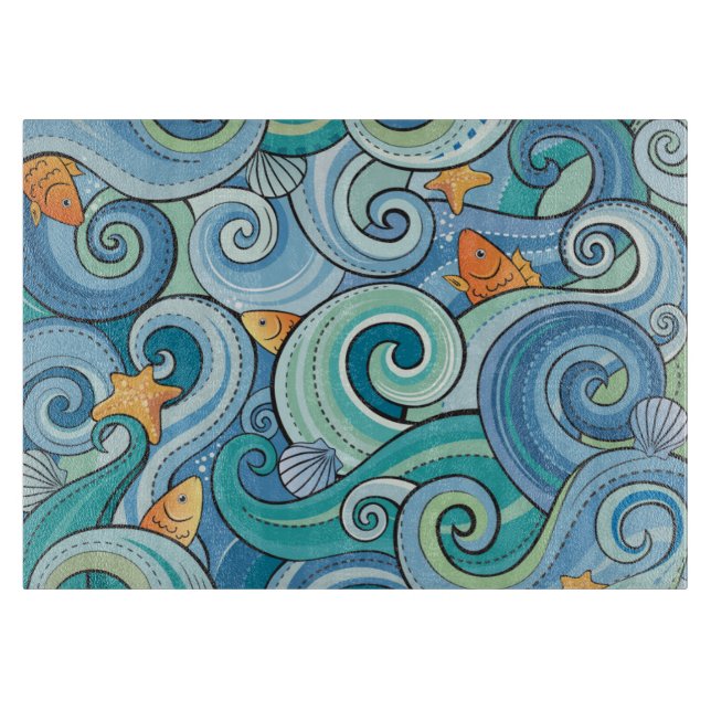 Fish Among The Waves Pattern Cutting Board (Front)