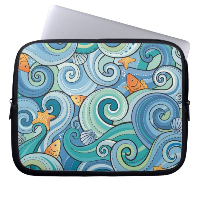 Fish Among The Waves Pattern Laptop Sleeve (Front)