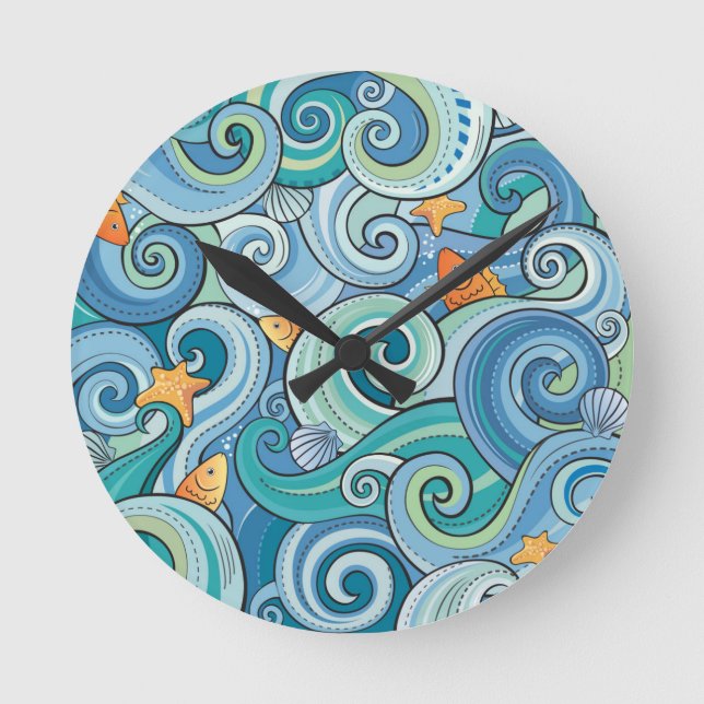 Fish Among The Waves Pattern Round Clock (Front)