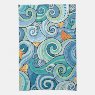Fish Among The Waves Pattern Tea Towel