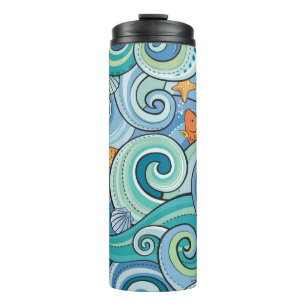 Fish Among The Waves Pattern Thermal Tumbler