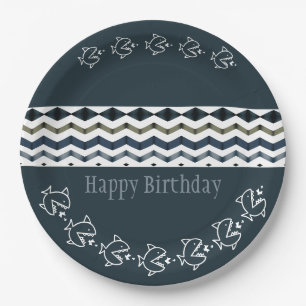 Fish And A Wavy Pattern Of Blues Birthday Paper Plate