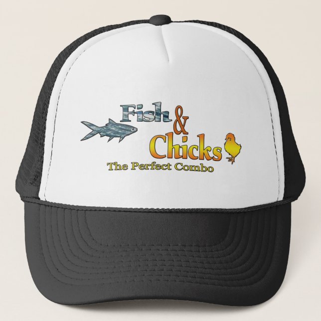 Fish and Chicks Funny Fishing Trucker Hat (Front)