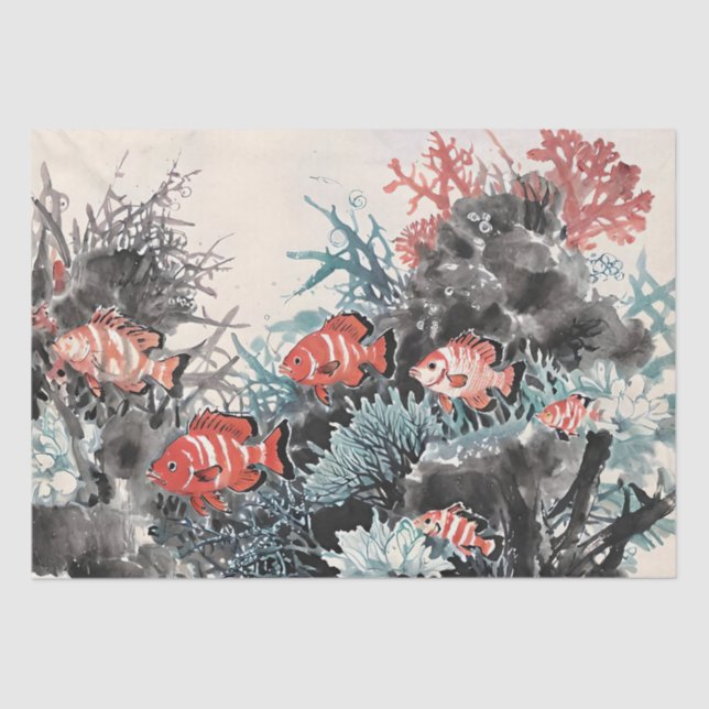 Fish and Coral Chinese Ink Painting Tissue Paper (Front)