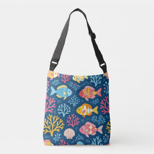 Fish and coral nautical blue crossbody bag