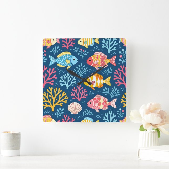Fish and coral nautical blue square wall clock (Home)