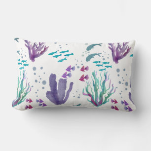 Fish and Coral Watercolor design Lumbar Cushion