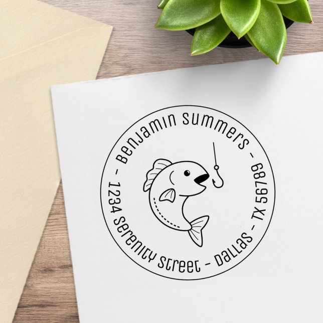 Fish and Fishing Hook Round Address Rubber Stamp (Creator Uploaded)