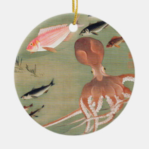 Fish and Octopus Marine Life Illustration Ceramic Ornament