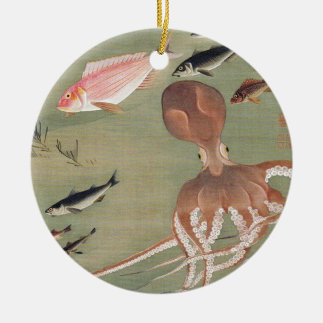 Fish and Octopus Marine Life Illustration Ceramic Ornament (Front)