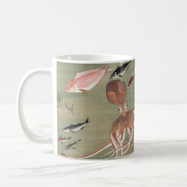 Fish and Octopus Marine Life Illustration Coffee Mug (Left)