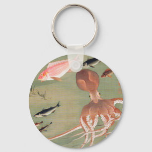 Fish and Octopus Marine Life Illustration Key Ring