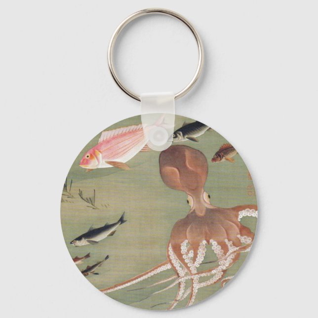 Fish and Octopus Marine Life Illustration Key Ring (Front)