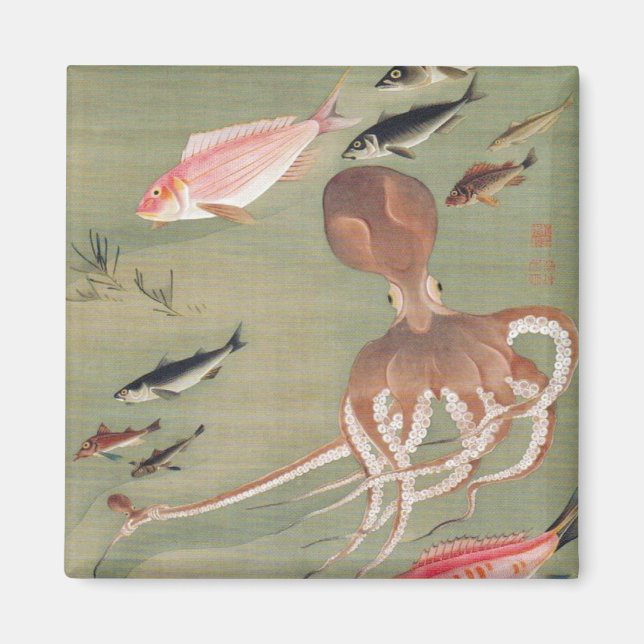 Fish and Octopus Marine Life Illustration Magnet (Front)
