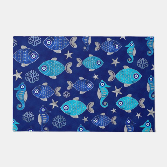 Fish and Seahorse Evil Eye Pattern Doormat (Front)
