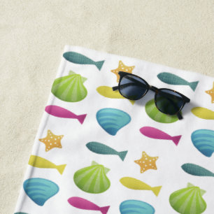 Fish and Shells Seaside Pattern Monogram Beach Towel