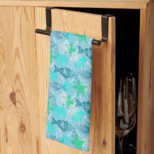 Fish and shells tea towel