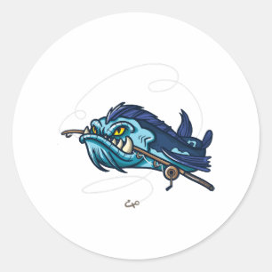 Fish Angry Fish with Rod Classic Round Sticker