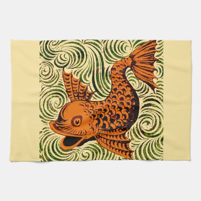 Fish Antique Tile Old art ancient de morgan art Tea Towel (Horizontal)