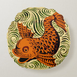 Fish Antique Tile Old art ancient Round Cushion