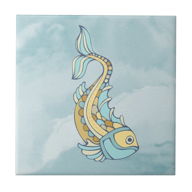 Fish Art Blue Mosaic Nautical Ceramic Tile (Front)