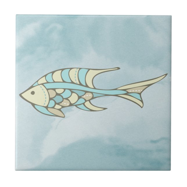 Fish Art Blue Mosaic Nautical Ceramic Tile (Front)