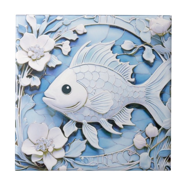 Fish Art Nouveau Faux Relief Blue Sea Ocean Life Ceramic Tile (Front)