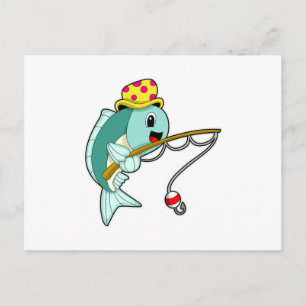 Fish at Fishing with Fishing rod & Hat Postcard