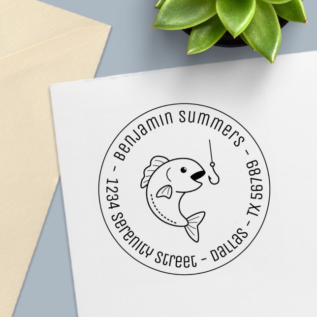 Fish Biting Fishing Hook Round Address Self-inking Stamp (Creator Uploaded)
