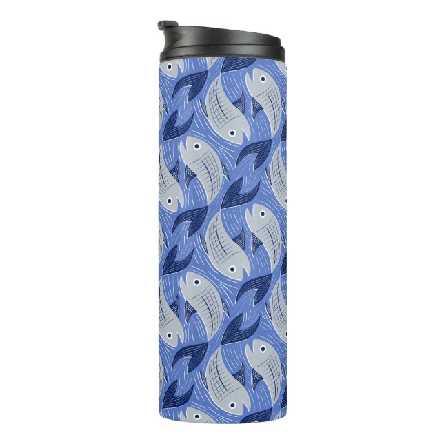 Fish block print - blue thermal tumbler (Rotated Right)
