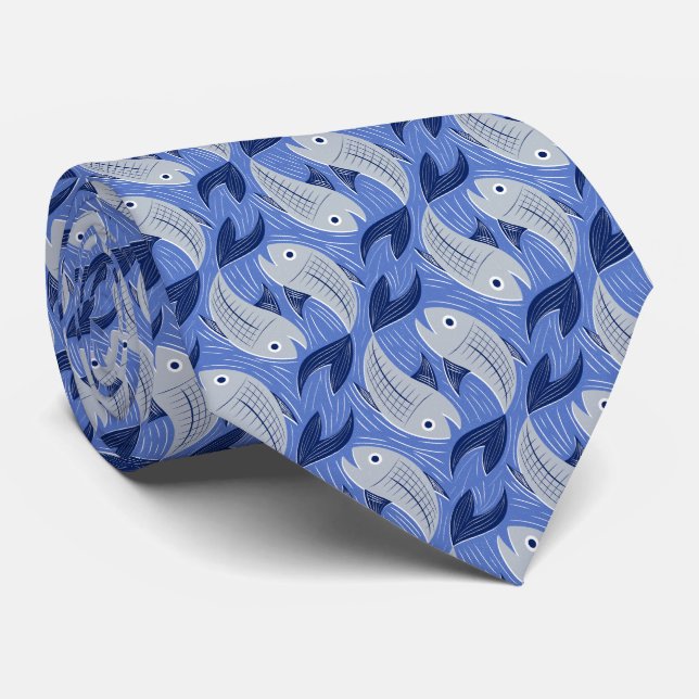 Fish block print - blue tie (Rolled)