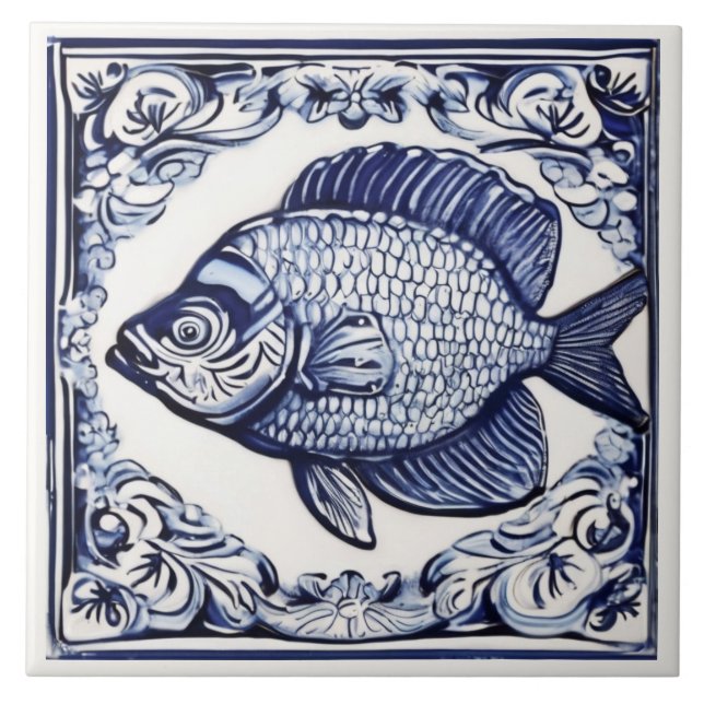 Fish Blue and White Sea & Ocean themed Beach House Ceramic Tile (Front)
