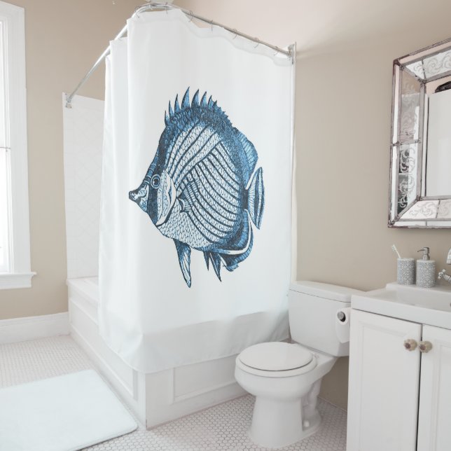 Fish blue coastal nautical watercolor shower curtain (In Situ)