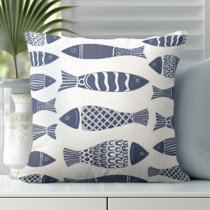 Fish Blue White Coastal Throw Pillow