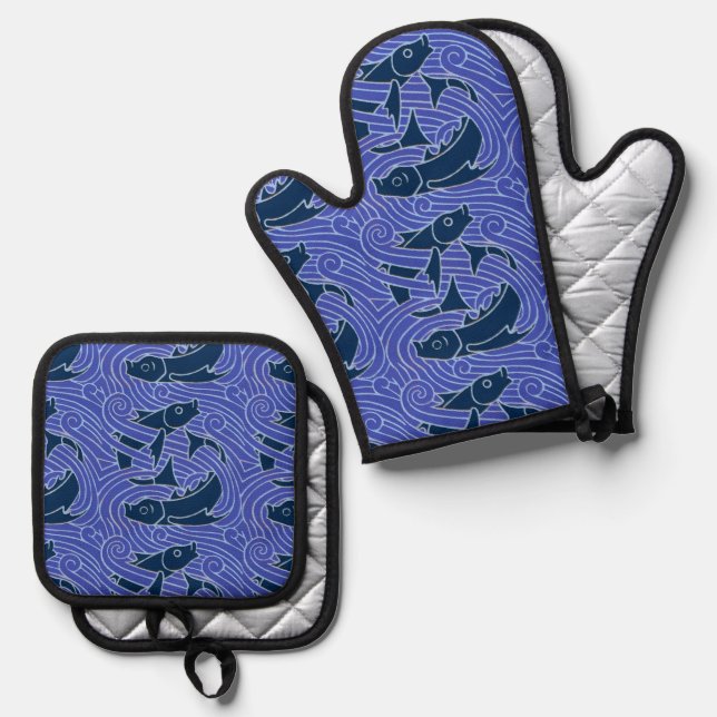 Fish Bold Swimming Ocean Blue Fishing Oven Mitt & Pot Holder Set (Front/Back)