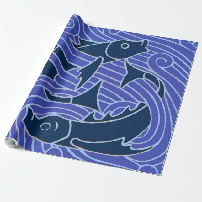 Fish Bold Swimming Ocean Blue Fishing Wrapping Paper (Unrolled)