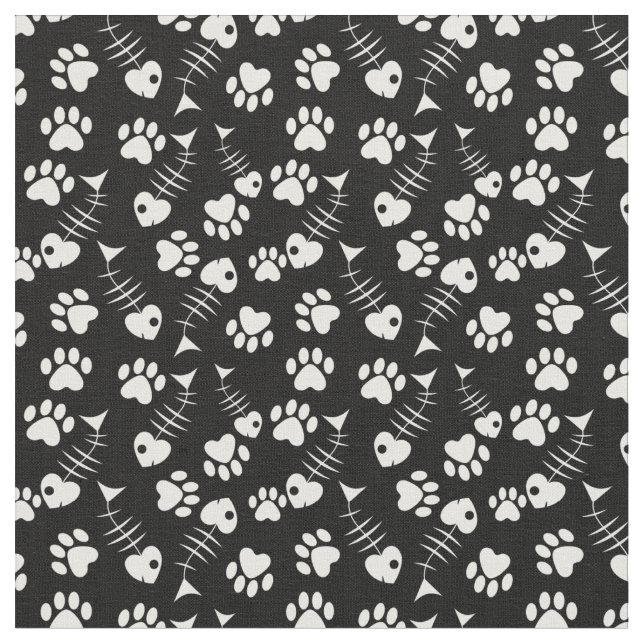 fish bone cat print pattern fabric (Close Up)