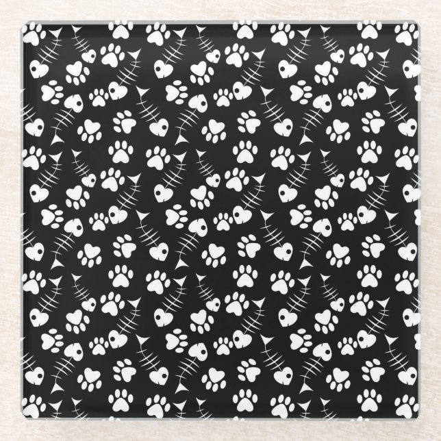 fish bone cat print pattern glass coaster (Front)