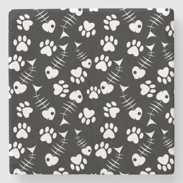 fish bone cat print pattern stone coaster (Front)