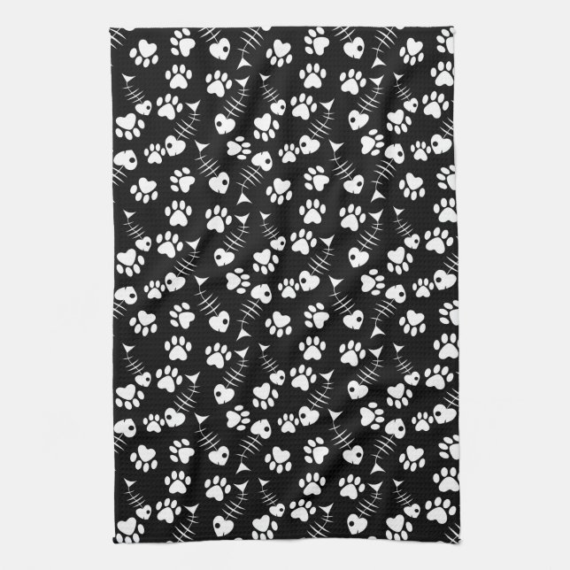 fish bone cat print pattern tea towel (Vertical)