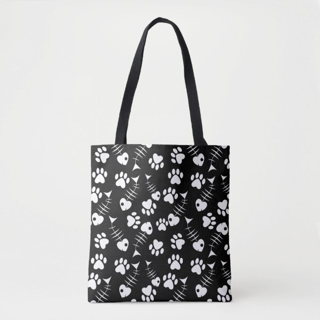 fish bone cat print pattern tote bag (Front)