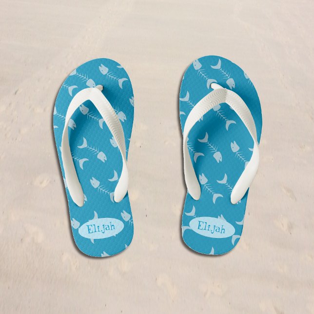 Fish Bones Pattern Blue Kid Flip Flops with Name (Creator Uploaded)