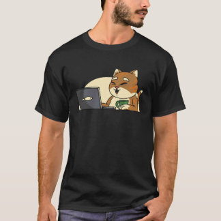 fish cat drinking coffee watching leptop T-Shirt