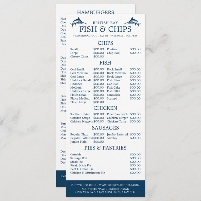 Fish & Chip Shop Restaurant Slimline Menu (Front/Back)