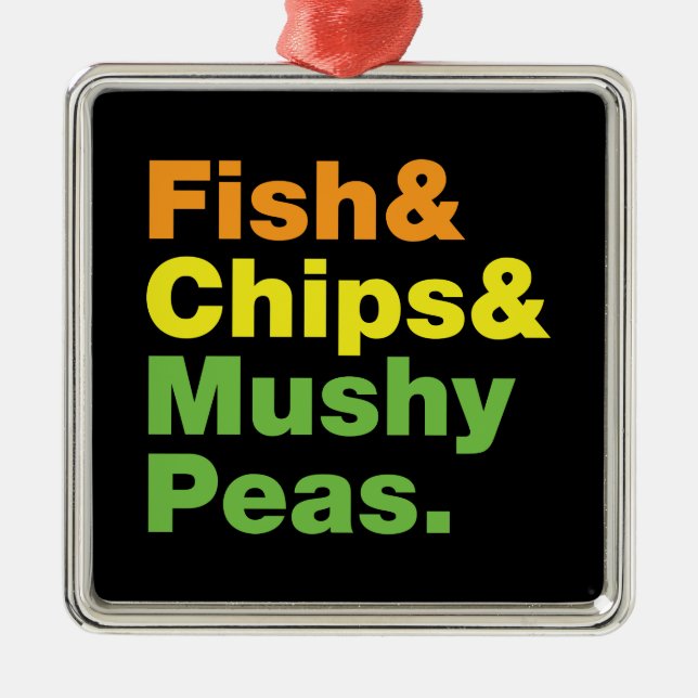 Fish & Chips & Mushy Peas. Metal Tree Decoration (Front)